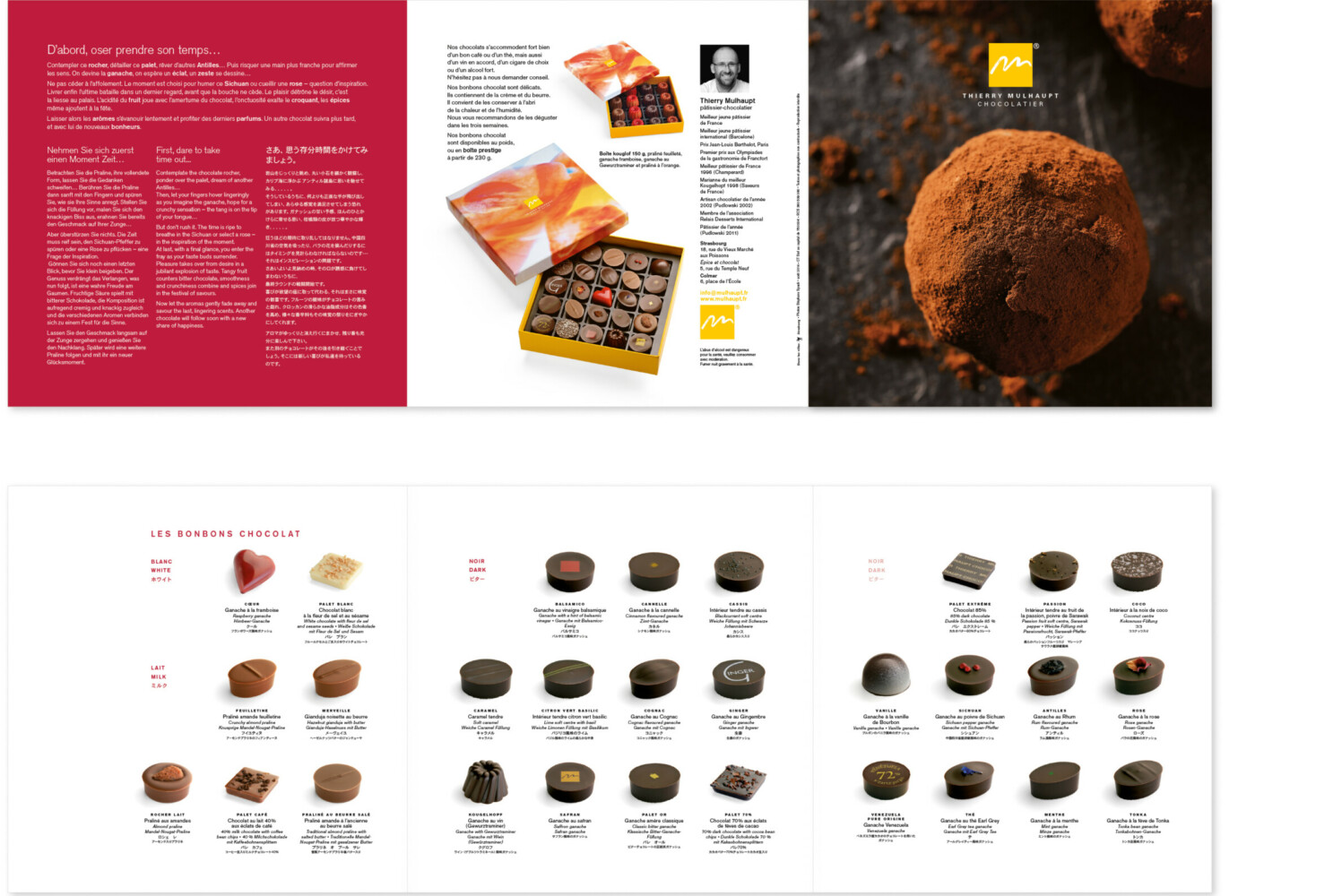  | 
Carte chocolats, 6 pages 3 volets, format 185 × 185 mm fermé.