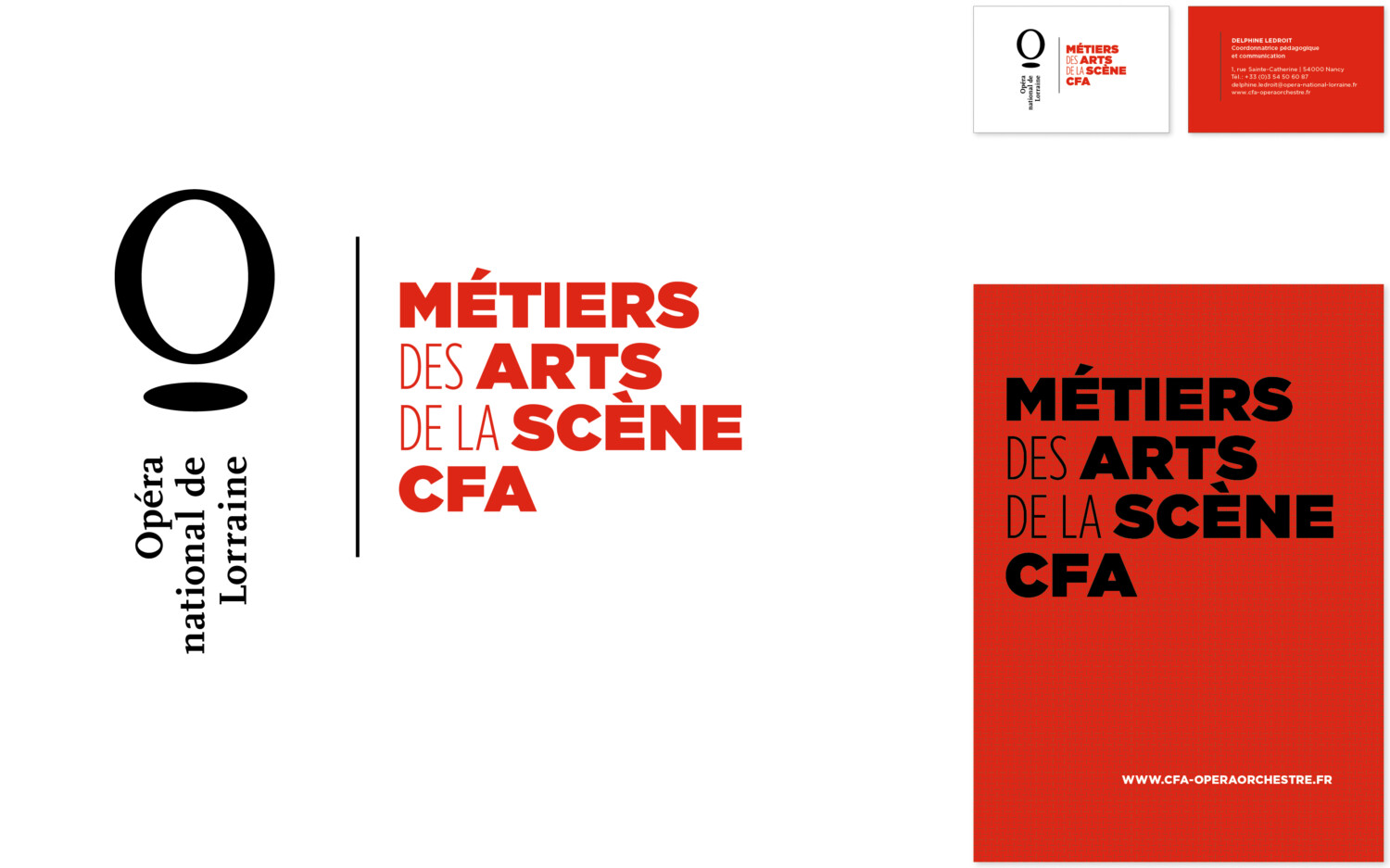 CFA des métiers  des arts de la scène | Créé par l’Opéra national de Lorraine en 2008, le Centre de formation d’apprentis des métiers des arts de la scène est le seul organisme public en France formant en alternance aux métiers du spectacle vivant. 
En 2016, conception d’un nouveau logotype et des documents de communication : carte de visite, chemises.