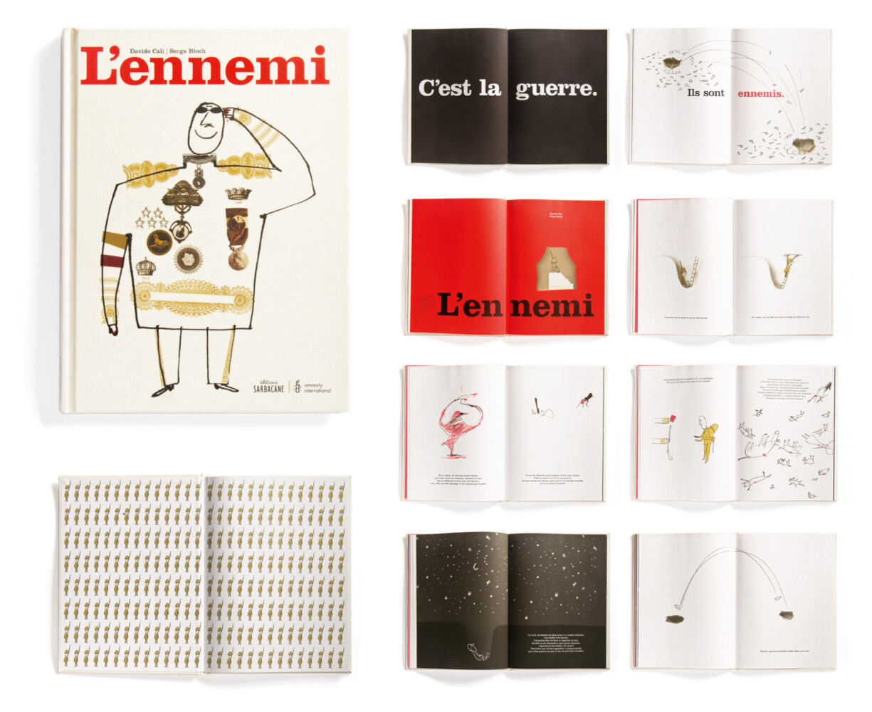 L’ennemi | Texte : Davide Cali  – dessins : Serge Bloch.  68 pages trichromie, format 23 × 30,8 cm.
Coédition Sarbacane et Amnesty international.