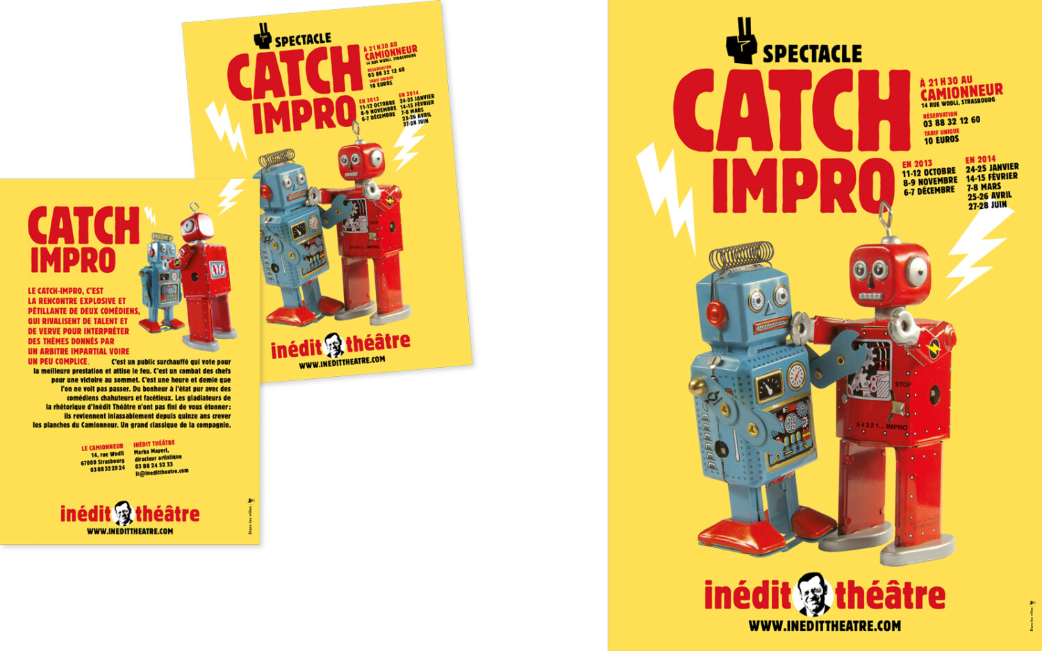  | 
Affiche et tract *Catch Impro* pour Inédit théâtre, recto-verso format A6