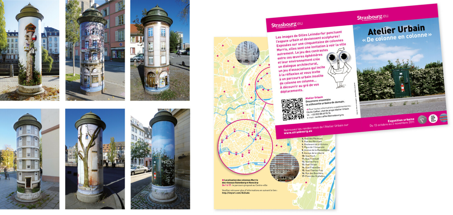 De colonne en colonne | Exposées sur une cinquantaine de colonnes Morris dans Strasbourg, les photographies de Gilles Leimdorfer invitent à voir la ville autrement, par un jeu de contrastes avec leur environnement architectural. Dépliant 4 pages, A6 fermé, qui présente l’exposition et situe les colonnes sur un plan de la ville.