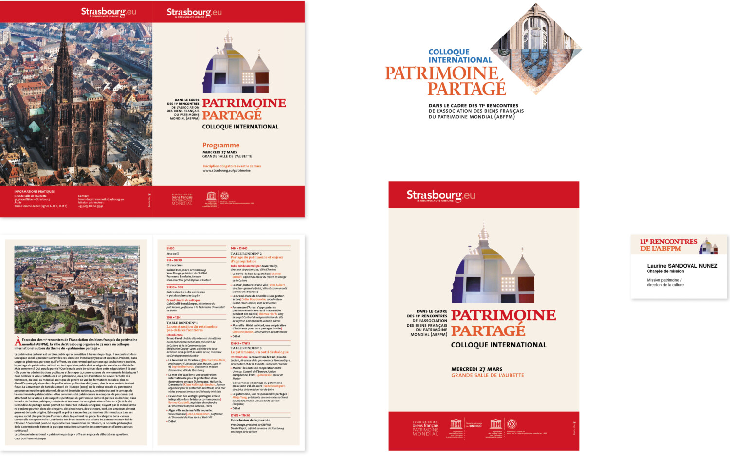 Colloque international « Patrimoine partagé », 2013 | Logotype pour le colloque, affiches, programme 4 pages A5, badge pour les participants aux rencontres de l’ABFPM (Association des biens français du patrimoine mondial).